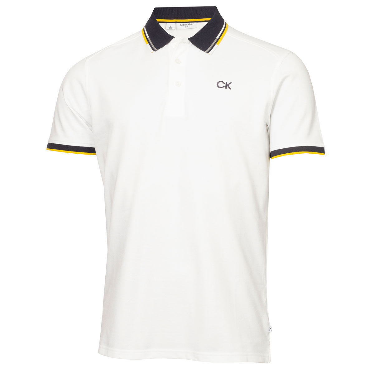 Calvin Klein Mens White, Navy Blue and Yellow Lightweight Embroidered Tipped Golf Polo Shirt, Size: Small | American Golf von Calvin Klein