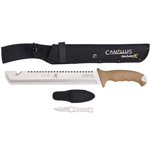 Camillus Carnivore X Machete, inklusive Werkzeugmesser und Nylonscheiden, 28,8 cm Titanium Bonded 3Cr13 Stahlklinge, ABS Griff, braun, 45 cm von Camillus