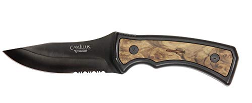 Camillus Mountaineer Messer, inklusive ballistischer Nylonscheide, 10,5 cm Carbonitride Titanium AUS-8 Stahlklinge, Wurzelholz/TPE Griff, schwarz, 23 cm von Camillus