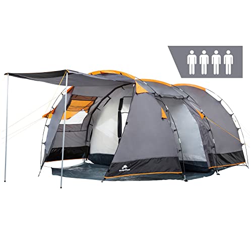 CampFeuer Zelt Super+ für 4 Personen | Grau/Schwarz (Orange) | Großes Tunnelzelt mit 2 Eingängen und Vordach, 3000 mm Wassersäule | Gruppenzelt, Campingzelt, Familienzelt von CampFeuer