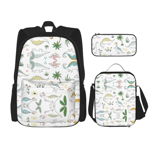 CarXs Dekor, weiß-schwarz, trendiger Rucksack, Lunchtasche und Federmäppchen, Kombination – entworfen für den täglichen Gebrauch, Dinosaurier-Spaziergang, Einheitsgröße von CarXs