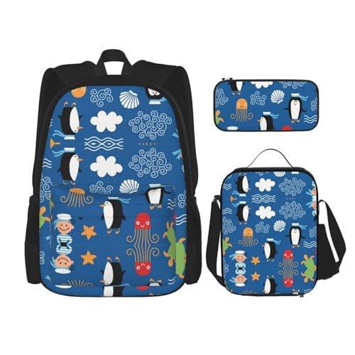 CarXs Feder.Trendige Kombination aus Rucksack, Lunchtasche und Federmäppchen – entworfen für den täglichen Komfort, Pinguin-Schildkröte, Einheitsgröße von CarXs