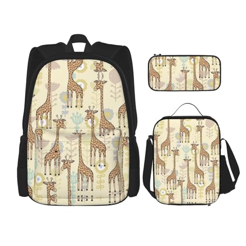 CarXs Flamingo Trendige Kombination aus Rucksack, Lunchtasche und Federmäppchen – entworfen für den täglichen Komfort, Handgezeichnete Giraffen, Einheitsgröße von CarXs