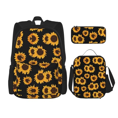 CarXs Gestreifte Blumen- und Schmetterlings-Rucksack, Lunch-Tasche und Federmäppchen-Kombination – entworfen für den täglichen Komfort, Goldene Sonnenblumen, Einheitsgröße, Modern von CarXs