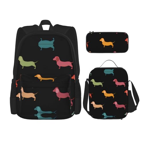 CarXs Romantische Dackel-Rucksack, Lunchtasche und Federmäppchen, Kombination – entworfen für den täglichen Komfort, Niedliche Dackel-Hunde 2, Einheitsgröße von CarXs