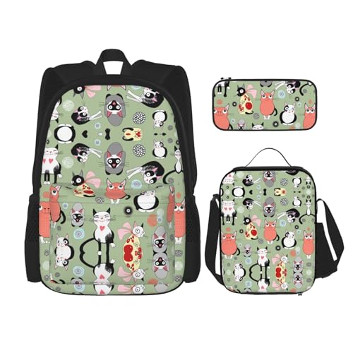 CarXs Schöner trendiger Rucksack, Lunchtasche und Federmäppchen mit Schmetterlingen – entworfen für den täglichen Komfort, Niedliche Cartoon-Katzen, Einheitsgröße von CarXs