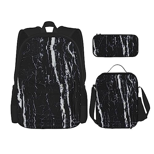 CarXs Trendiger Rucksack, Lunchtasche und Federmäppchen, gestreift, Blau mit Wellenmuster – entworfen für den täglichen Gebrauch, Schwarz-Weißer Marmor, Einheitsgröße von CarXs