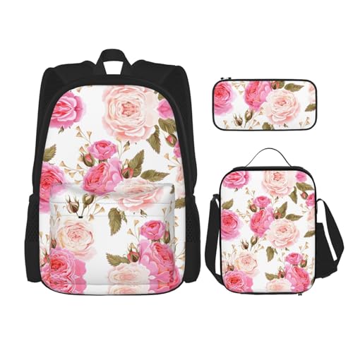 CarXs Trendiger Rucksack, Lunchtasche und Federmäppchen mit rotgoldenem Muster – entworfen für den täglichen Gebrauch, Rosenblüte, Einheitsgröße von CarXs