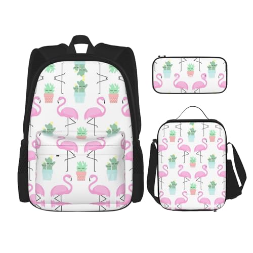 CarXs Trendiger Rucksack, Lunchtasche und Federmäppchen mit wilden Tieren – entworfen für den täglichen Komfort, Süßer Kaktus mit tropischem Flamingo, Einheitsgröße von CarXs