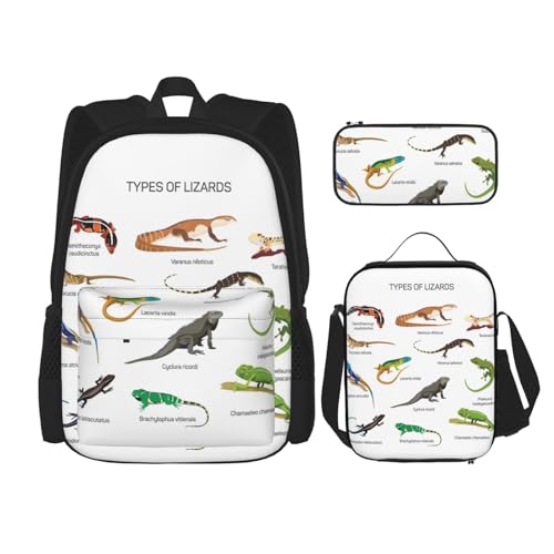 CarXs Trendiger Rucksack, Lunchtasche und Federmäppchen mit wilden Tiermotiven – entworfen für den täglichen Gebrauch, Verschiedene Eidechsenarten, Einheitsgröße von CarXs