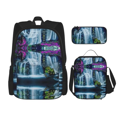 CarXs Trendiger Rucksack mit Wasserfall und Blume, Lunch-Tasche und Federmäppchen – entworfen für den täglichen Komfort, Wasserfall und Blume, Einheitsgröße von CarXs