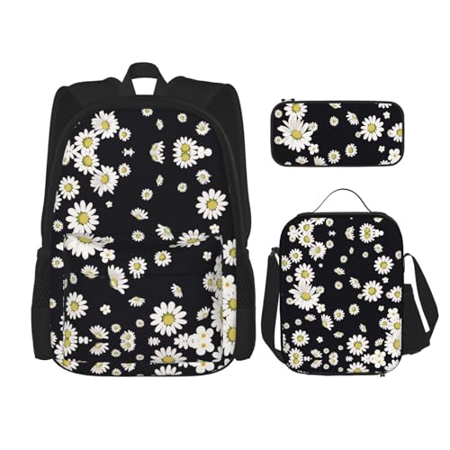 CarXs Trendiger Rucksack mit Wasserfall und Blume, Lunch-Tasche und Federmäppchen – entworfen für den täglichen Komfort, Weißer Gänseblümchen, Einheitsgröße von CarXs
