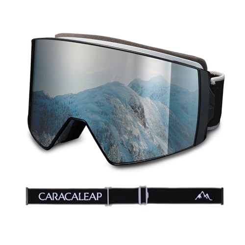 Skibrille Snowboardbrille für Männer Frauen, Magnetischer Clipverschluss Schwarzer Rahmen/Silberne Linse von Caracaleap