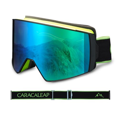 Skibrille Snowboardbrille für Männer Frauen, Magnetischer Clipverschluss Schwarzer Rahmen/grüne Linse von Caracaleap
