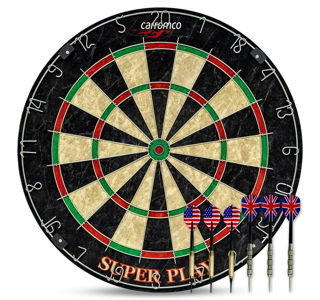 Carromco Dartscheibe SUPERPLAY 2.0, Steeldartboard, Sisal Dartscheibe, Dart-Set inkl. 3 Softdarts und 3 Steeldarts von Carromco