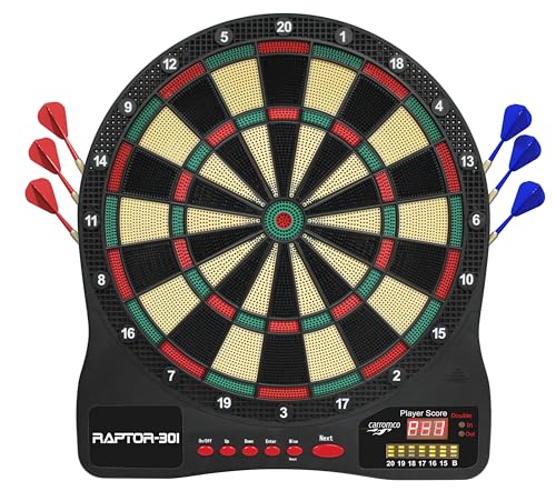 Carromco Dartscheibe elektronisch RAPTOR-301 – 4-Loch Abstand, rot-grün-beige-schwarz, Dartspiel für 1-8 Spieler, inkl. Softdarts, Netzteil, 32 Spiele & 570 Variationen (inkl. Cricket) von Carromco