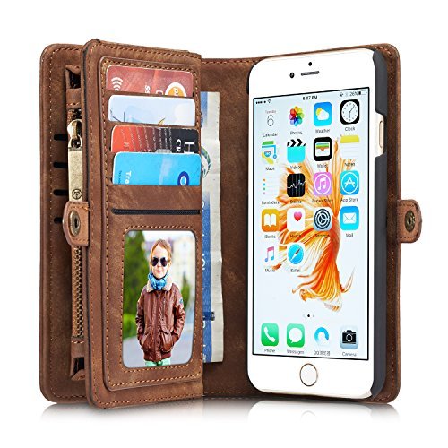 CaseMe iPhone 6/6s 4,7" Case Hülle Geldbörse mit Kartenfächer,Braun, Geldscheinfach mit Reißverschluss Premium abnehmbar Magnet Handy Schutzhülle von CaseMe