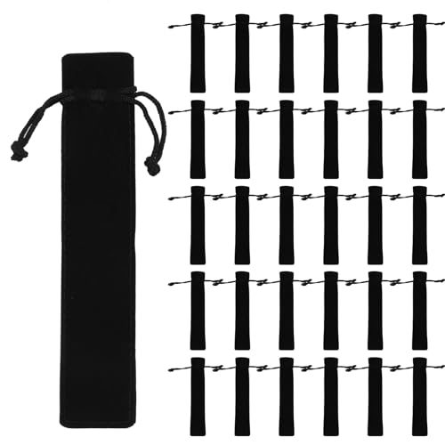 Catime 30 Stück Kordelzug Stifttasche Samt 17,5x3,5 cm, Schwarzer Federbeutel, Kordelzug Federmäppchen, Stiftsack Tasche für Stifte Bleistifte Kugelschreiber von Catime
