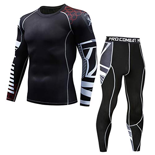 Celucke Funktionsunterwäsche Herren Set Sportunterwäsche Thermounterwäsche mit Print, Sport Leggings Laufhose Kompressionshose + Kompressionsshirt langärmliges Oberteil von Celucke