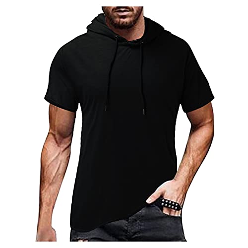 Celucke T-Shirt mit Kapuze Herren Biker Hoodie Sweatshirt Kapuzenshirt T Shirts Männer Slim Fit Kurzarm Stretch Basic Coole Tee Kurzarmshirt Mann Casual Muskelshirts Moderne Tops (Schwarz,XL) von Celucke