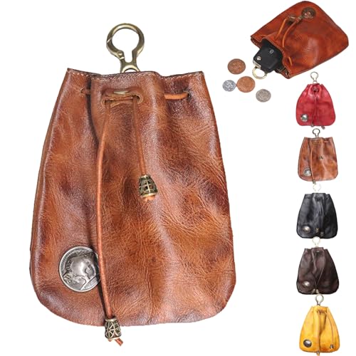 Cemssitu Handmade Cowhide Retro Storage Bag, Simple Drawstring Leather Coin Purse Key Case Portable Wallet for Women (Brown,ONE) von Cemssitu