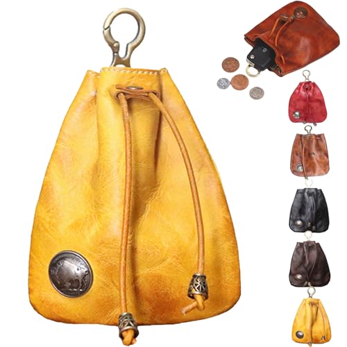 Cemssitu Handmade Cowhide Retro Storage Bag, Simple Drawstring Leather Coin Purse Key Case Portable Wallet for Women (Yellow,ONE) von Cemssitu