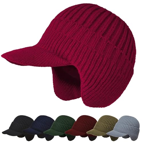 Elastic Warm Ear Protection Knitted Hat Beanie with Brim Mens Winter Hat with Ear Flaps (Red,One Size) von Cemssitu