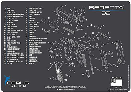 Cerus Gear Reinigungspromat mit Beretta 92 Schematikgrafik, vielseitige Pistolenreinigungsmatte, ideal für jeden Schreibtisch oder jede Werkbank, 30,5 x 43,2 cm von Cerus Gear