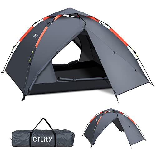 Cflity Camping Zelt, 3 Personen Instant Pop Up Zelt Wasserdicht DREI Schicht Automatische Kuppelzelt, Große 4 Jahreszeiten Zelt, Backpacking Zelt mit Rain-Fly 2 Erweiterbare Veranda für Camping von Cflity