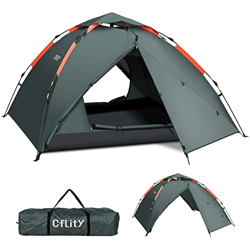 Cflity Camping Zelt, 3 Personen Instant Pop Up Wasserdicht DREI Schicht Automatische Kuppelzelt, Große 4 Jahreszeiten, Backpacking mit Rain-Fly 2 Erweiterbare Veranda für Camping (Grün) von Cflity