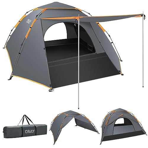 Cflity Camping Zelt, 3 Personen Pop Up Zelt Automatisches Instant DREI Schicht Wasserdicht 4 Jahreszeiten Große Wurfzelt & Zeltplanen mit Verlängerter Bodenmatte Veranda 2 Zeltstangen Kuppelzelt von Cflity