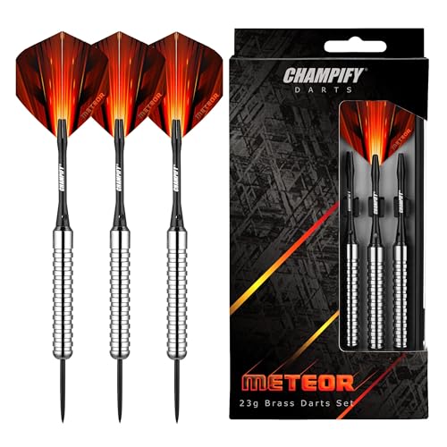 Champify® 23g Brass Darts Set “Meteor” mit Stahlspitze | 3 Dartpfeile mit 6 Schäften & Flights | inkl. weiteres Zubehör | Dartpfeile mit Stahlspitzen von Champify