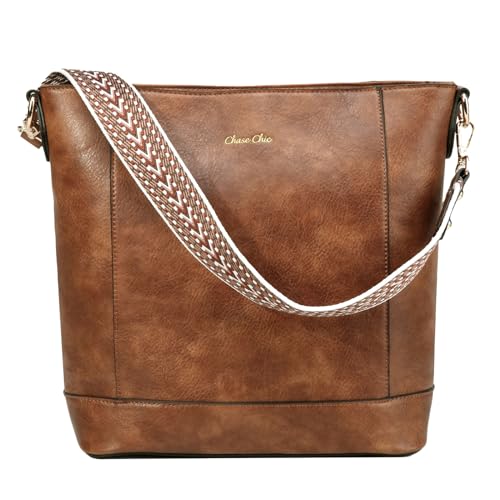 Chase Chic Umhängetasche Damen, PU Leder Handtasche Crossbody Bag Schultertasche,Hobo Tasche Kleine mit 2 verstellbarem Riemen für Alltag Büro Einkauf Braun von Chase Chic