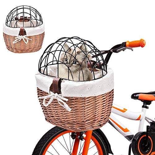 Fahrradkorb für Hunde, Fahrradkorb für Haustierträger mit Futter und abnehmbarer Metallabdeckung, Lenker-Tasche aus gewebtem Fahrradkorb vorne, geeignet für Hunde, Katzen, kleines Haustier, 30x25x30cm von Chen0-super