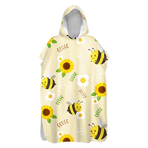 Chickwin Badeponcho mit Kapuze, Süß Surf Poncho Umziehhilfe Strand Handtuch Mikrofaser Schnelltrocknend Strandtuch für Erwachsene Herren Damen Kinder Mädchen (Sonnenblumen Biene,75x145cm) von Chickwin
