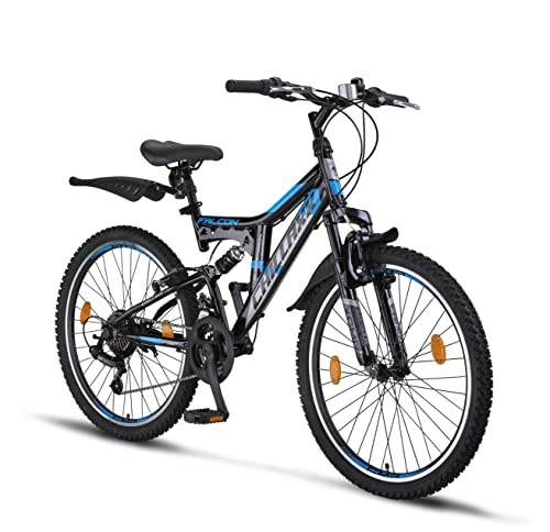 Chillaxx Bike Falcon Premium Mountainbike in 24 und 26 Zoll - Fahrrad für Jungen, Mädchen, Damen und Herren 21 Gang-Schaltung - Vollfederung (24 Zoll, Schwarz-Blau V-Bremse) von Chillaxx