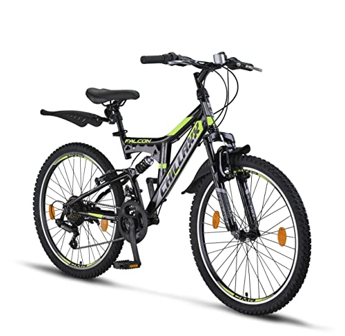 Chillaxx Bike Falcon Premium Mountainbike in 24 und 26 Zoll - Fahrrad für Jungen, Mädchen, Damen und Herren V-Bremse- 21 Gang-Schaltung - Vollfederung (24 Zoll, Schwarz-Lime V-Bremse) von Chillaxx