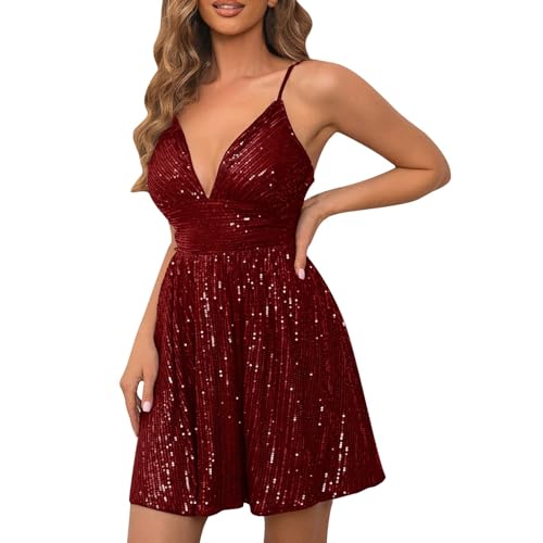 Damen Abendkleid Kurz Cocktailkleid Pailletten Glitzer Kleid Spaghettiträger Kleid Partykleid Paillettenkleid Glitzerkleid Bodycon Slim Fit Ärmelllos Sexy Wickelkleid Hochzeit Party Abendkleider von Chnnamzu