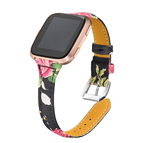 Chofit Armbänder Kompatibel mit Fitbit Versa/Versa 2/Versa Lite Strap Band Slim Leder Blumendruck Armband Zubehör Ersatz Stilvolle Armbänder für Versa Smartwatch (A) von Chofit