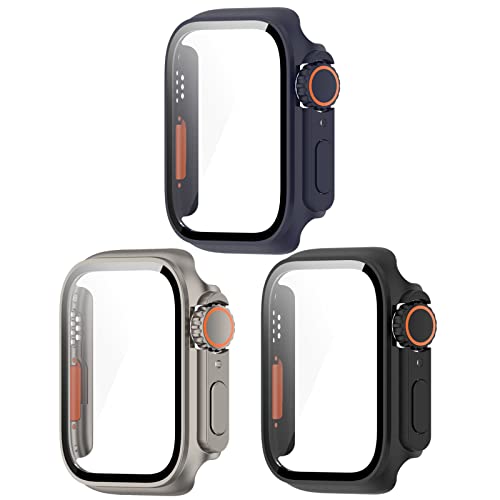 Chofit Hüllen kompatibel mit Apple Watch 40 mm, 41 mm, 44 mm, 45 mm, Displayschutzfolie aus PC-Schutzhülle mit HD-Panzerglasfolie für iWatch 8/7/6/5/4/SE (45 mm, Schwarz + Dunkelgrau + Marineblau) von Chofit
