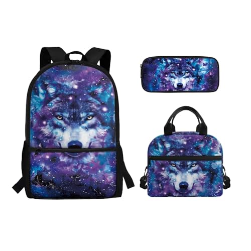 Chririnla 3-teiliges Kinder-Schultaschen-Set für Mädchen 7–10, isolierte Lunchbox und Federmäppchen, großes Fassungsvermögen, Schultaschen-Sets, Galaxy Wolf, Tagesrucksack von Chririnla