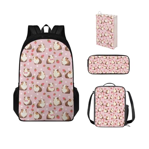 Chririnla 4 schöne Meerschweinchen und Erdbeer-Schulranzen, Cartoon-Rucksack für die Schule, mit Lunchbag, Stifttasche, Buchumschlag von Chririnla