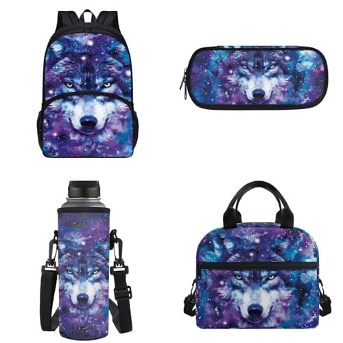 Chririnla 4-teiliges Schultaschen-Set für Jungen und Mädchen, Cartoon-Rucksack mit Lunchtasche, Federmäppchen, Aufbewahrungstasche und Wasserflaschen-Tragetaschen, Blauer Galaxiewolf., Kinderrucksack von Chririnla