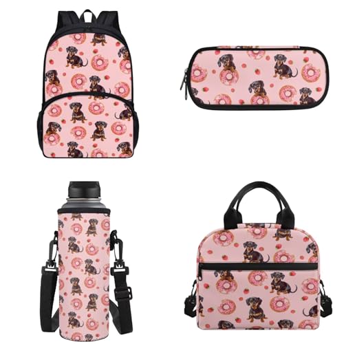 Chririnla 4-teiliges Schultaschen-Set für Jungen und Mädchen, Cartoon-Rucksack mit Lunchtasche, Federmäppchen, Aufbewahrungstasche und Wasserflaschen-Tragetaschen, Dackel Hund Tier, Kinderrucksack von Chririnla