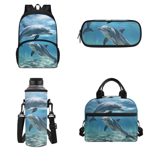 Chririnla 4-teiliges Schultaschen-Set für Jungen und Mädchen, Cartoon-Rucksack mit Lunchtasche, Federmäppchen, Aufbewahrungstasche und Wasserflaschen-Tragetaschen, Delfin-Ozean-Tier, Kinderrucksack von Chririnla