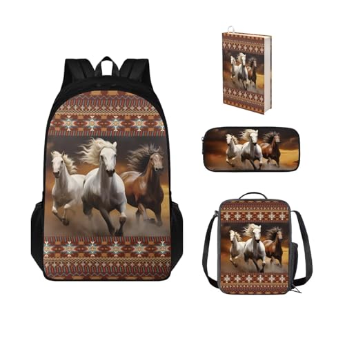 Chririnla Azteken-Pferd-Schultaschen-Set für Mädchen, 4-teiliges Pferde-Rucksack und Lunchtasche, Federmäppchen, Buchhülle, Vorschulbedarf von Chririnla