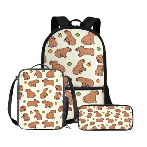 Chririnla Grundschule Kinder Rucksack Jungen Mädchen Schultasche + Isolierte Lunchtasche + Stifttasche Büchertasche Set von 3, Cartoon-Capybara, Tagesrucksäcke von Chririnla