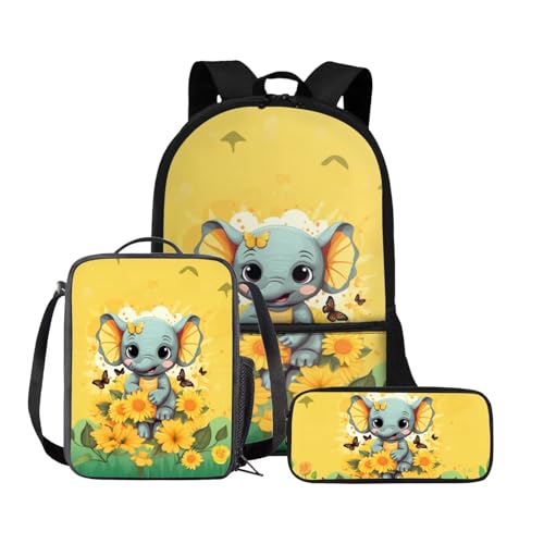 Chririnla Grundschule Kinder Rucksack Jungen Mädchen Schultasche + Isolierte Lunchtasche + Stifttasche Büchertasche Set von 3, Elefanten-Sonnenblume, Tagesrucksäcke von Chririnla
