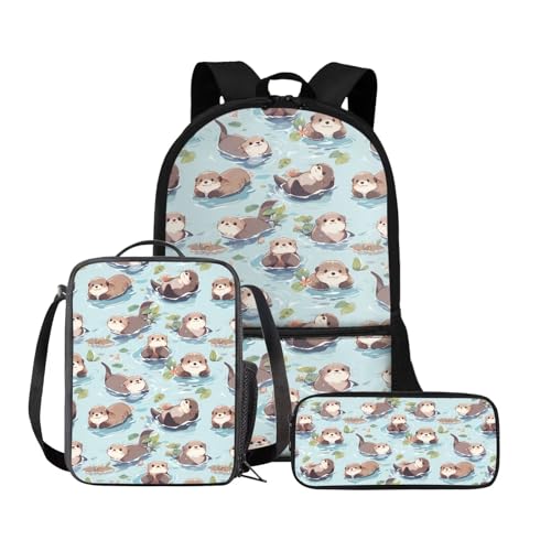 Chririnla Grundschule Kinder Rucksack Jungen Mädchen Schultasche + Isolierte Lunchtasche + Stifttasche Büchertasche Set von 3, Otter Cartoon Blau, Tagesrucksäcke von Chririnla