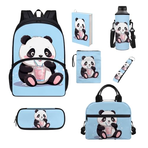 Chririnla Kinder-Schultaschen-Set, 7-teilig, Schulrucksack und Lunchbox, Federmäppchen, Wasserflaschentasche, Buchhülle, panda, Kinderrucksack von Chririnla